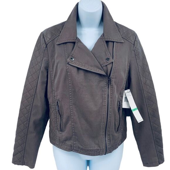 Coffeeshop Denim & Quilted Vegan Leather Jacket Sz. L - Picture 1 of 12